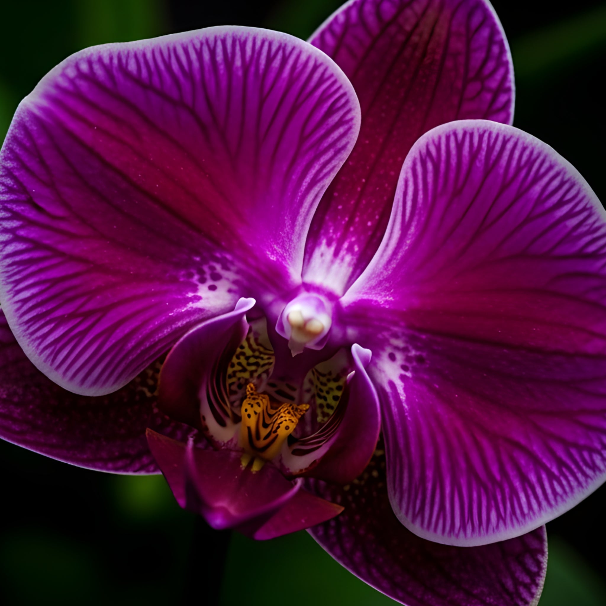 Una foto frontale di una orchidea viola