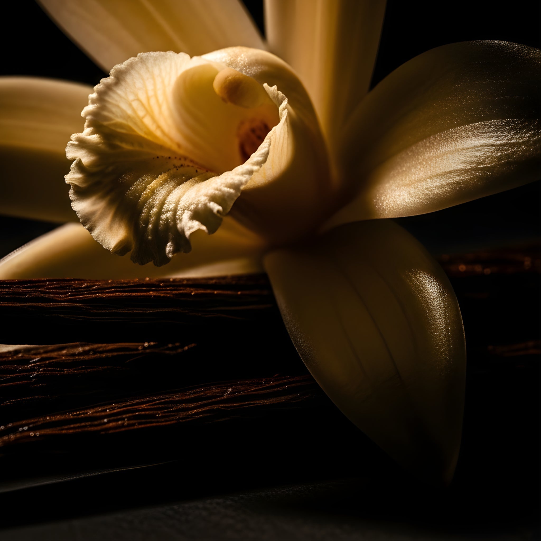 Un fiore e baccello di vaniglia con luce a contrasto