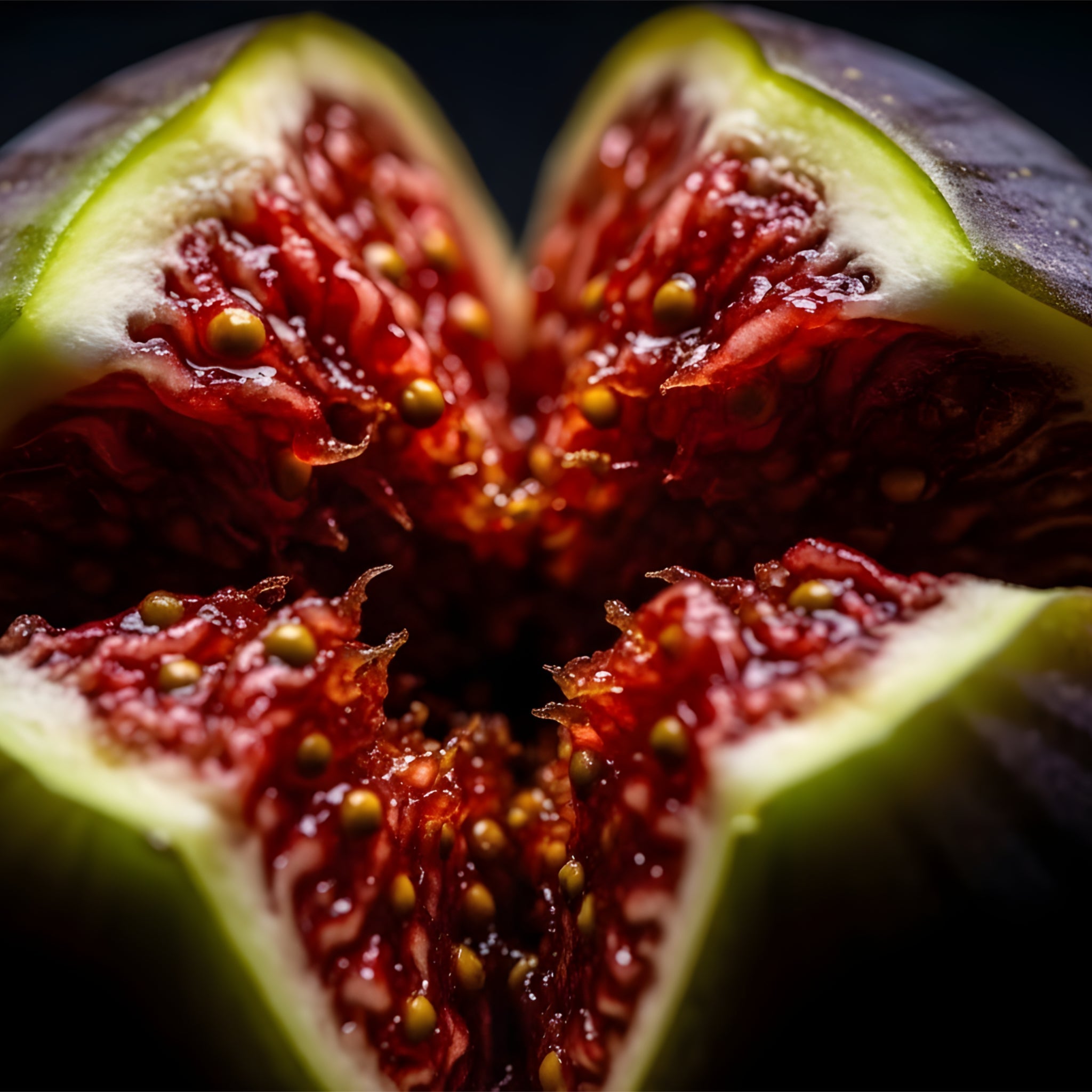  Fico fresco aperto macro fotografia con illuminazione laterale su sfondo nero