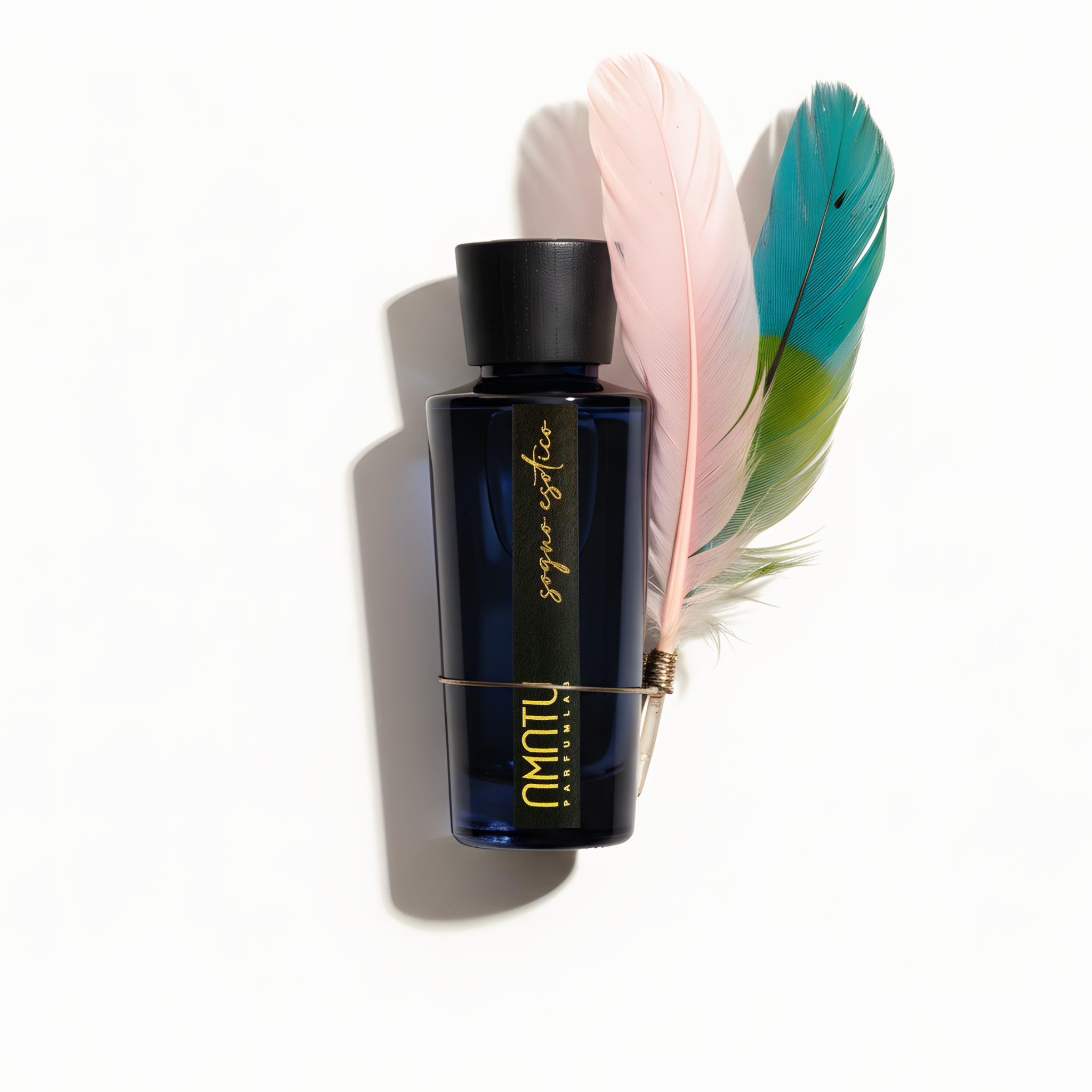 Diffusore Amatu Sogno Esotico su sfondo neutro con piume di fenicottero e pappagallo esotico